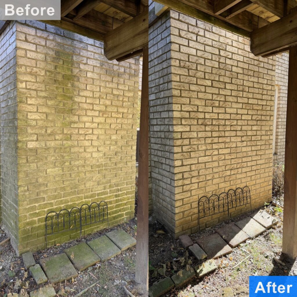 Pressure washing before and after of a stained brick wall in Warren, MI