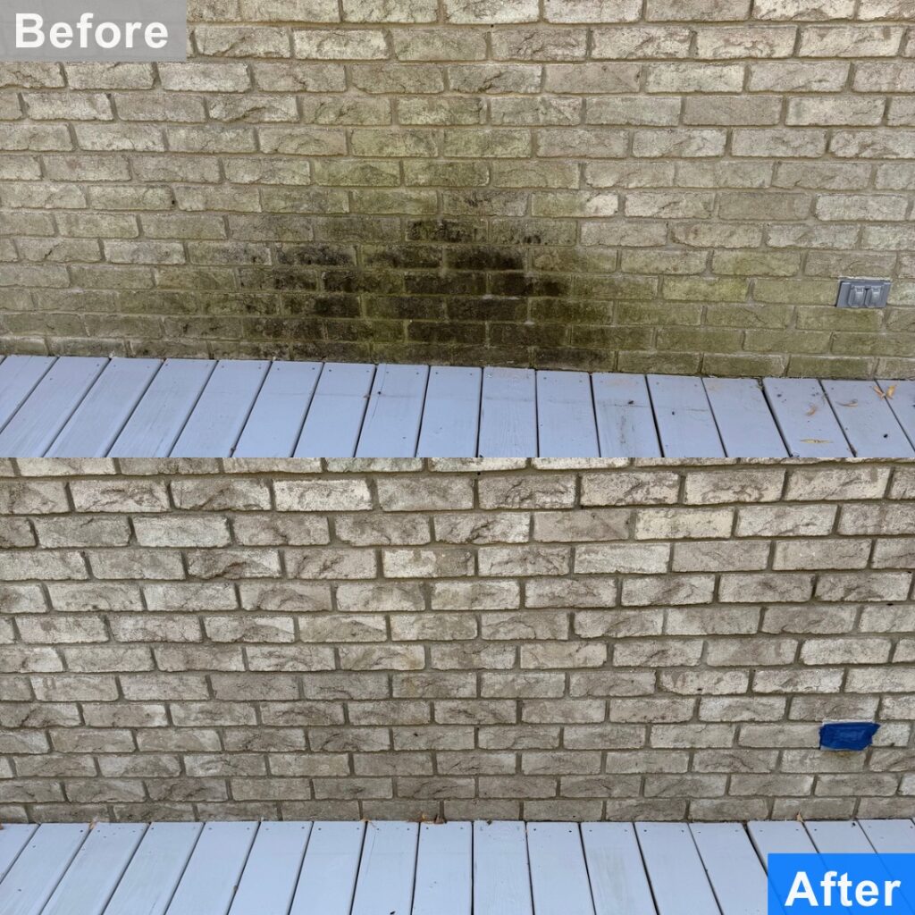 Pressure washing before and after results of stained brick wall in Warren, MI