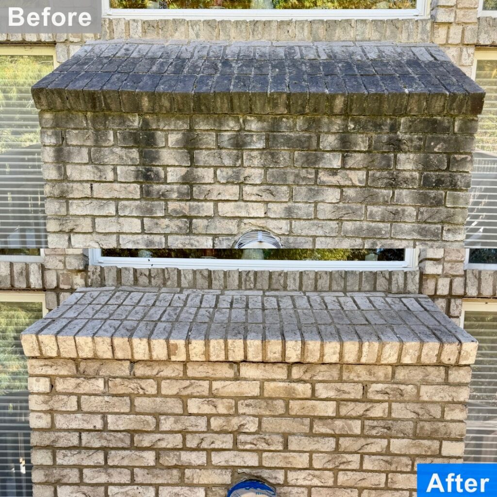 Pressure washing before and after results of stained exterior brick fireplace in Warren, MI